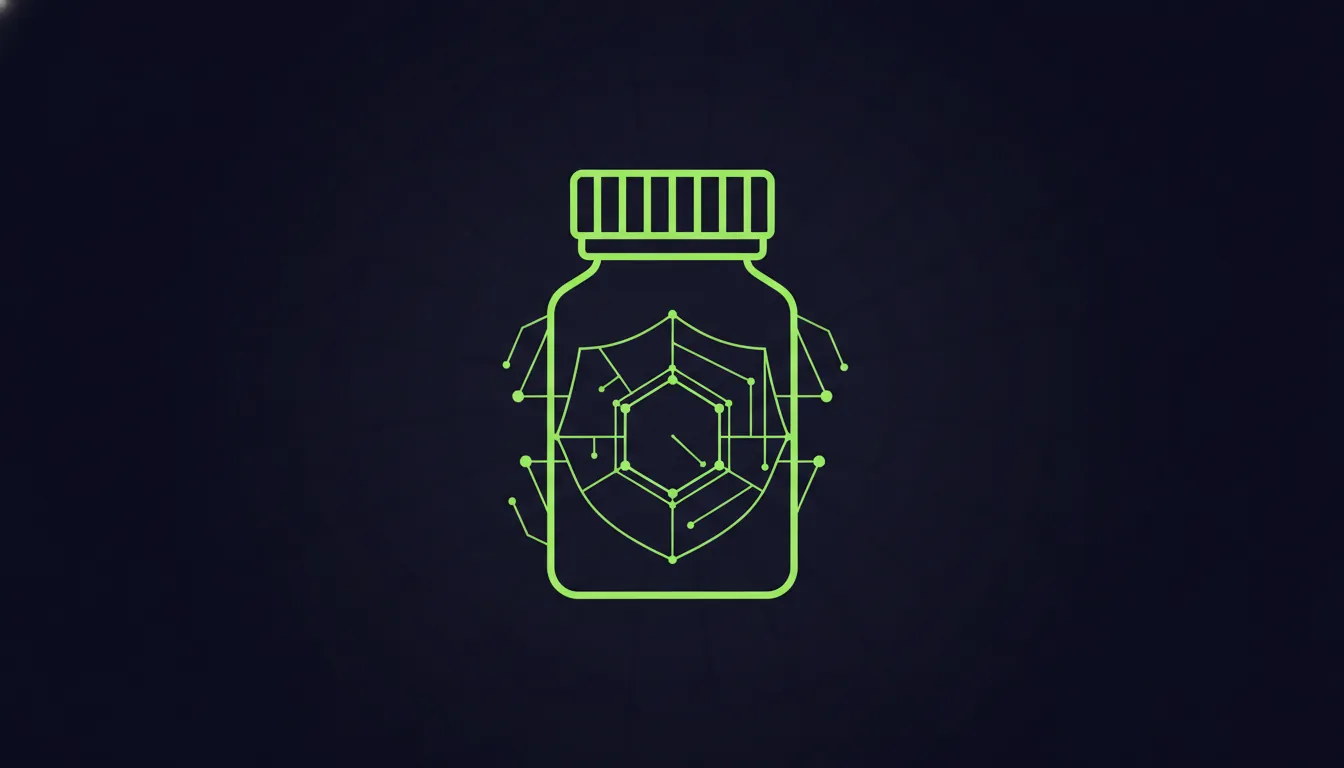 A minimalist illustration of a pill bottle and safety shield in dark colors.