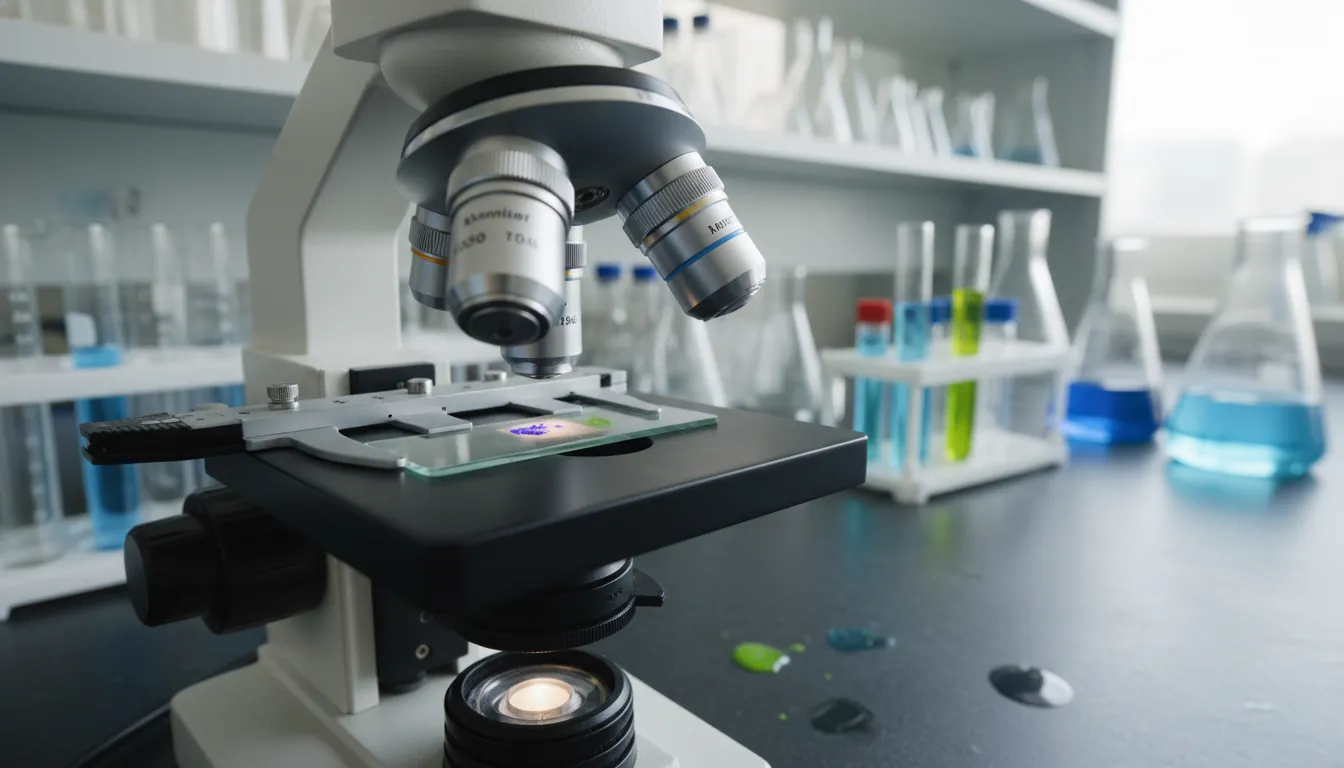 A close-up of a biomarker sample under a microscope in a lab setting.