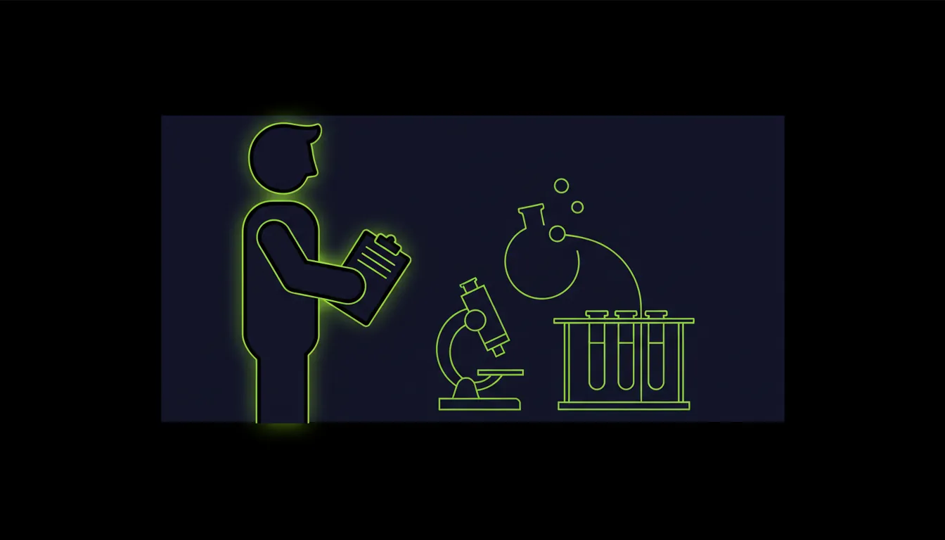 Silhouette of a regulatory team member with a clipboard against a minimal wet lab outline