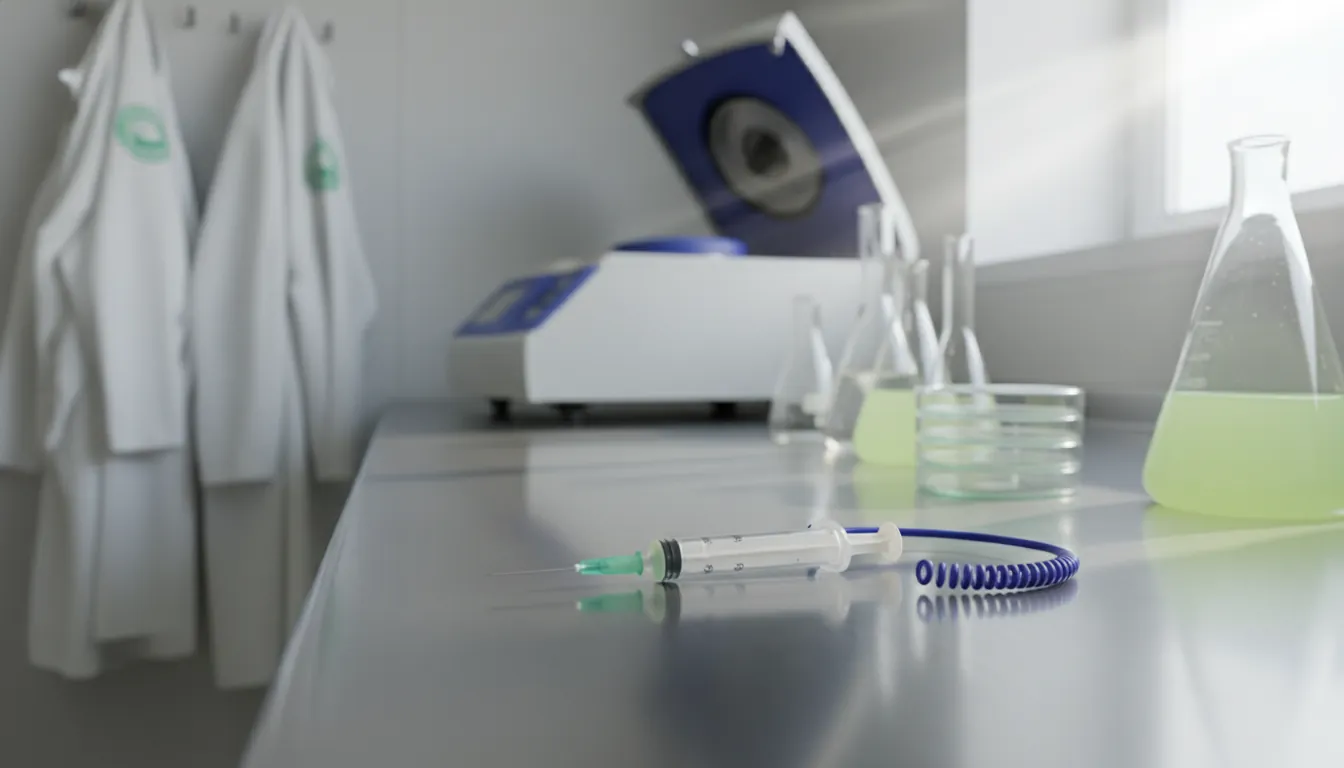 A syringe on a lab bench in a clinical setting.