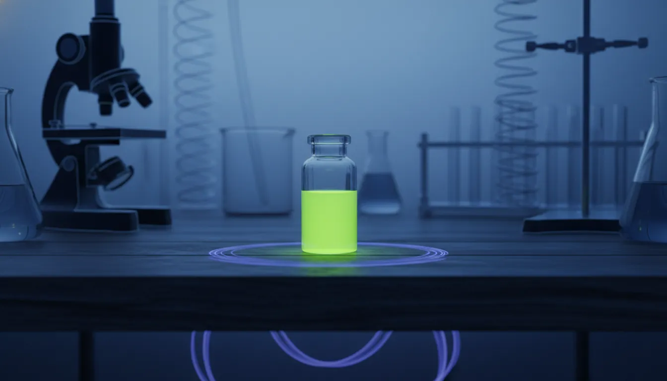 A glass vial filled with liquid in a dimly lit lab setting.