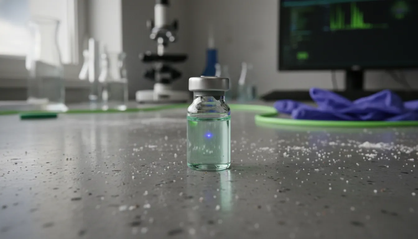 A radioconjugate vial on a lab bench in a clinical setting.