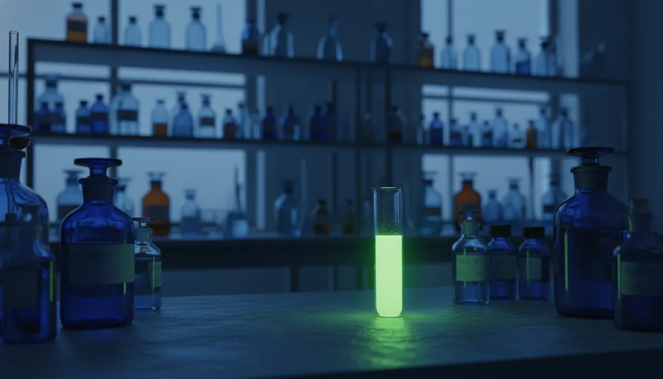 A test tube with a colorful chemical compound in a dimly lit lab setting.