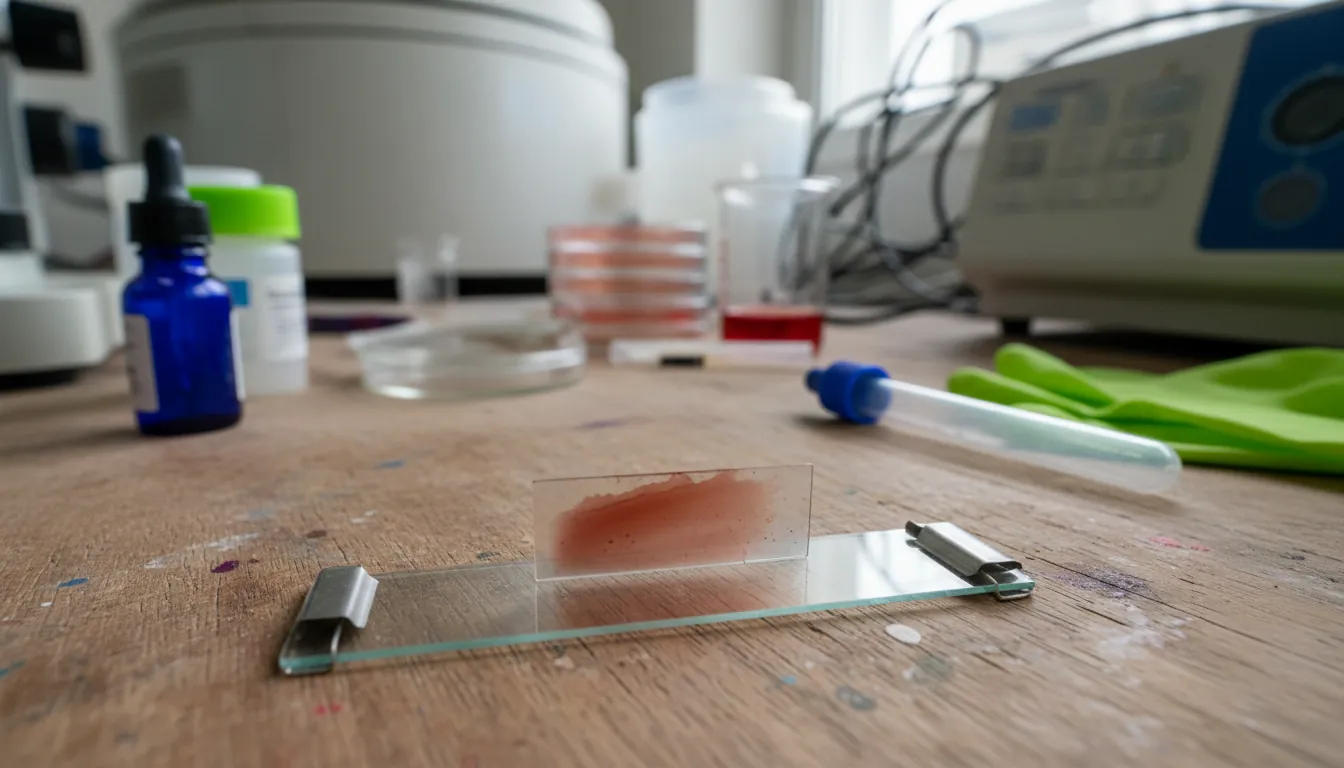A blood smear on a microscope slide in a clinical lab setting.