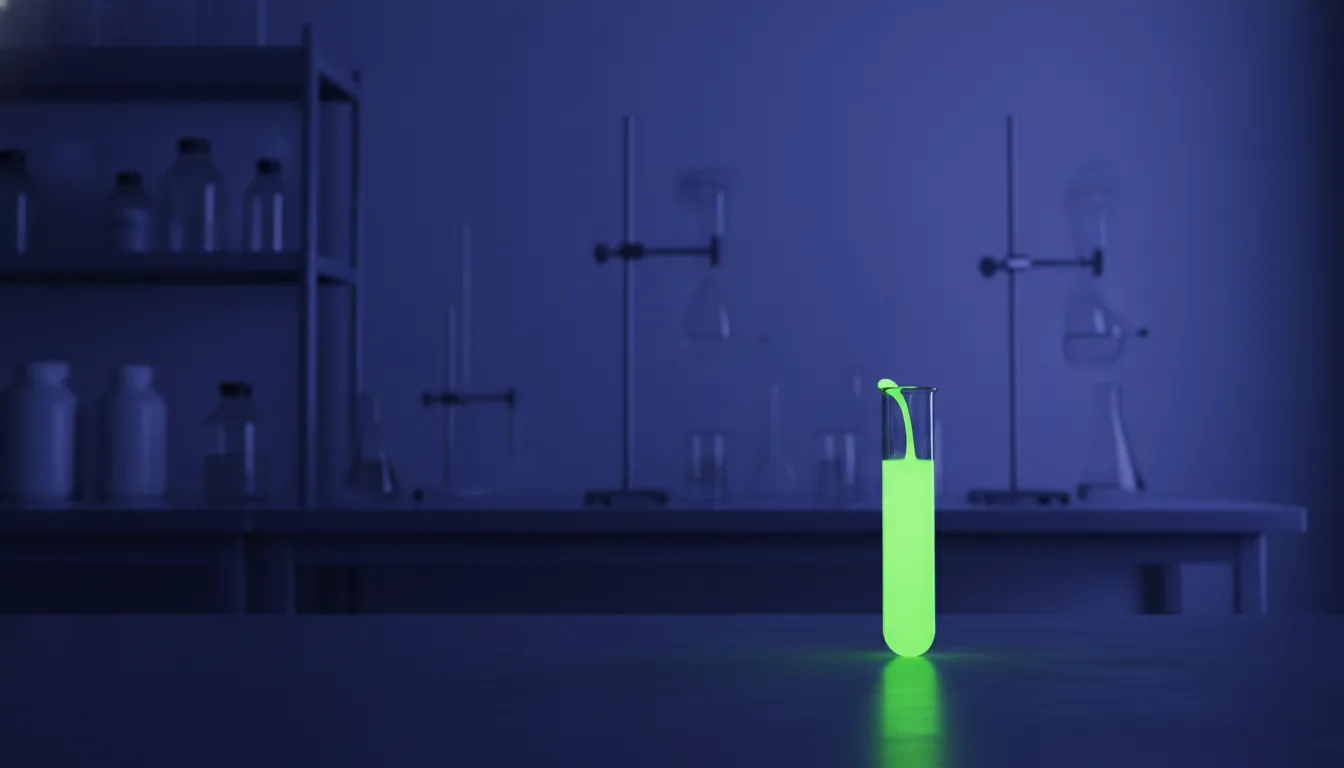 A test tube with a colorful liquid in a dimly lit lab setting.