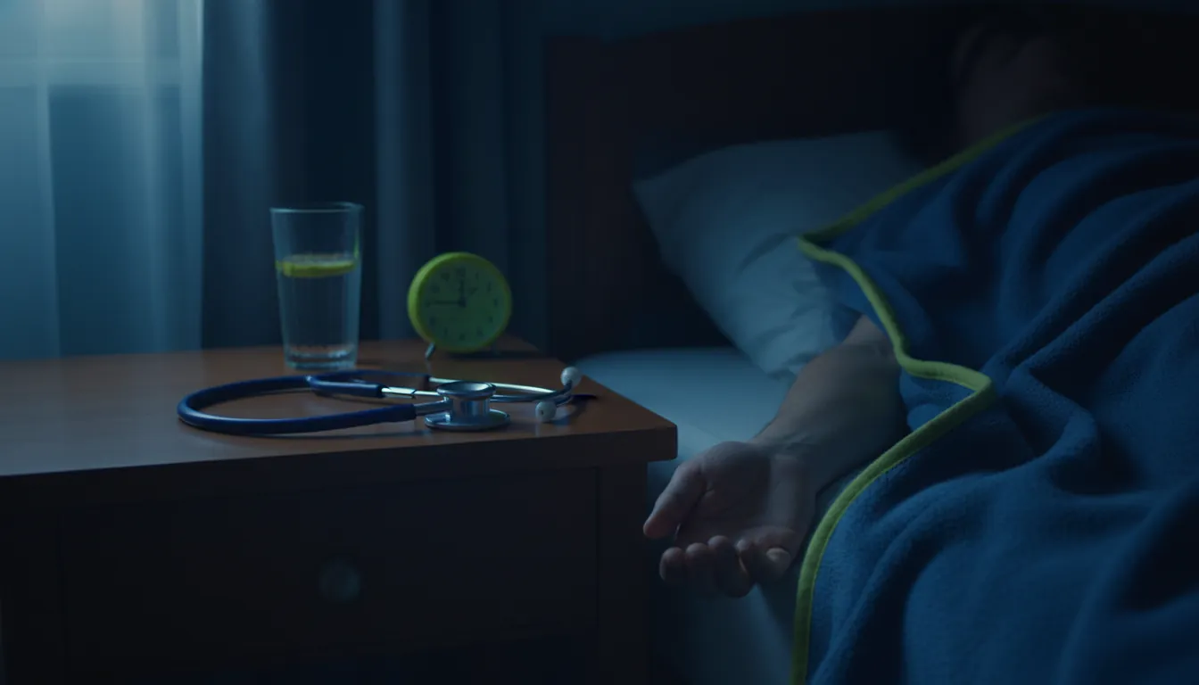 A stethoscope on a bedside table beside a patient's arm in a dimly lit hospital room.