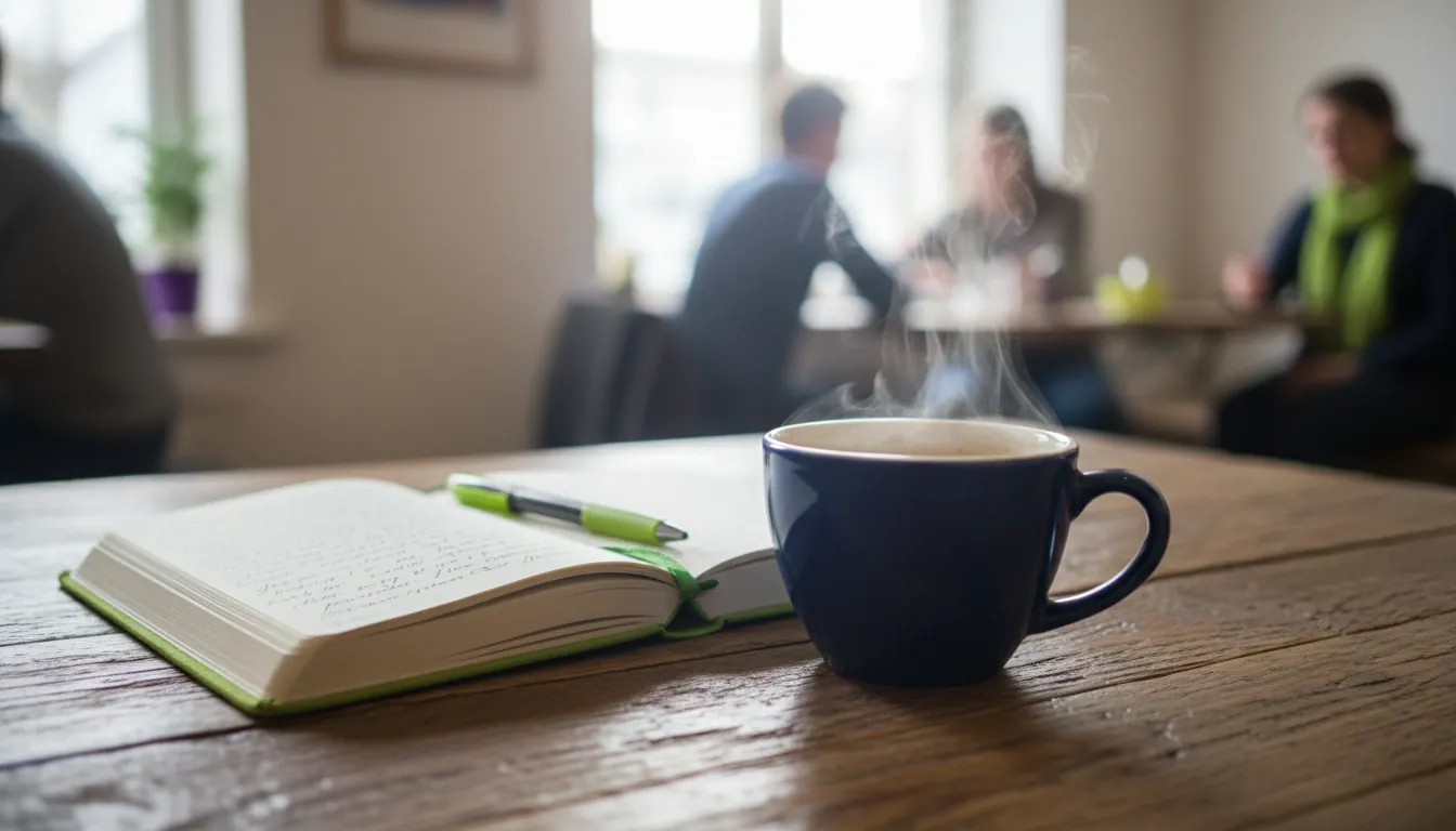 A coffee cup and notebook in a cozy café setting