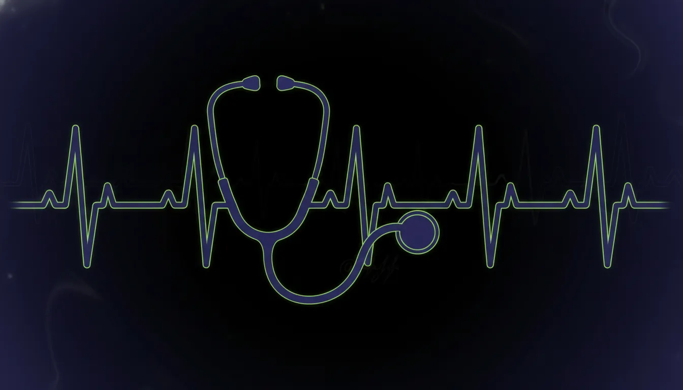 A minimalist illustration of a stethoscope and heartbeat line in a dark palette.