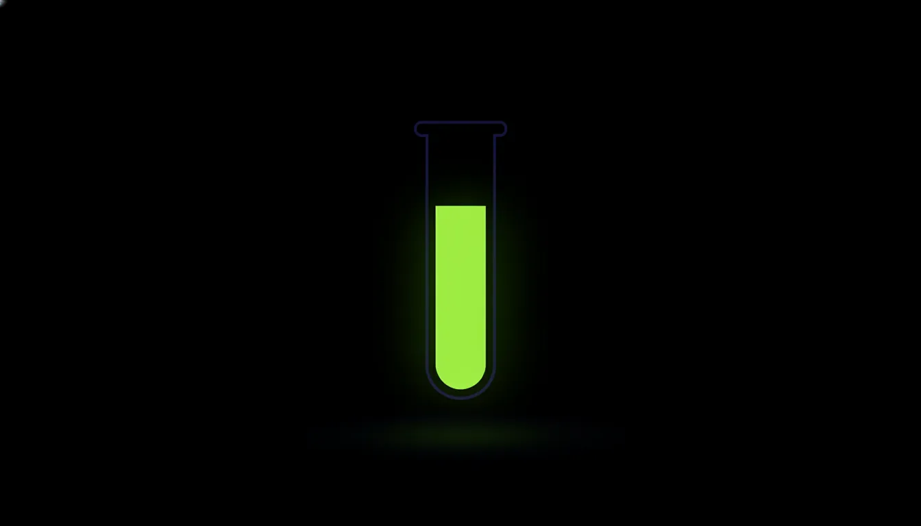 A minimalist illustration of a test tube filled with liquid on a dark background.