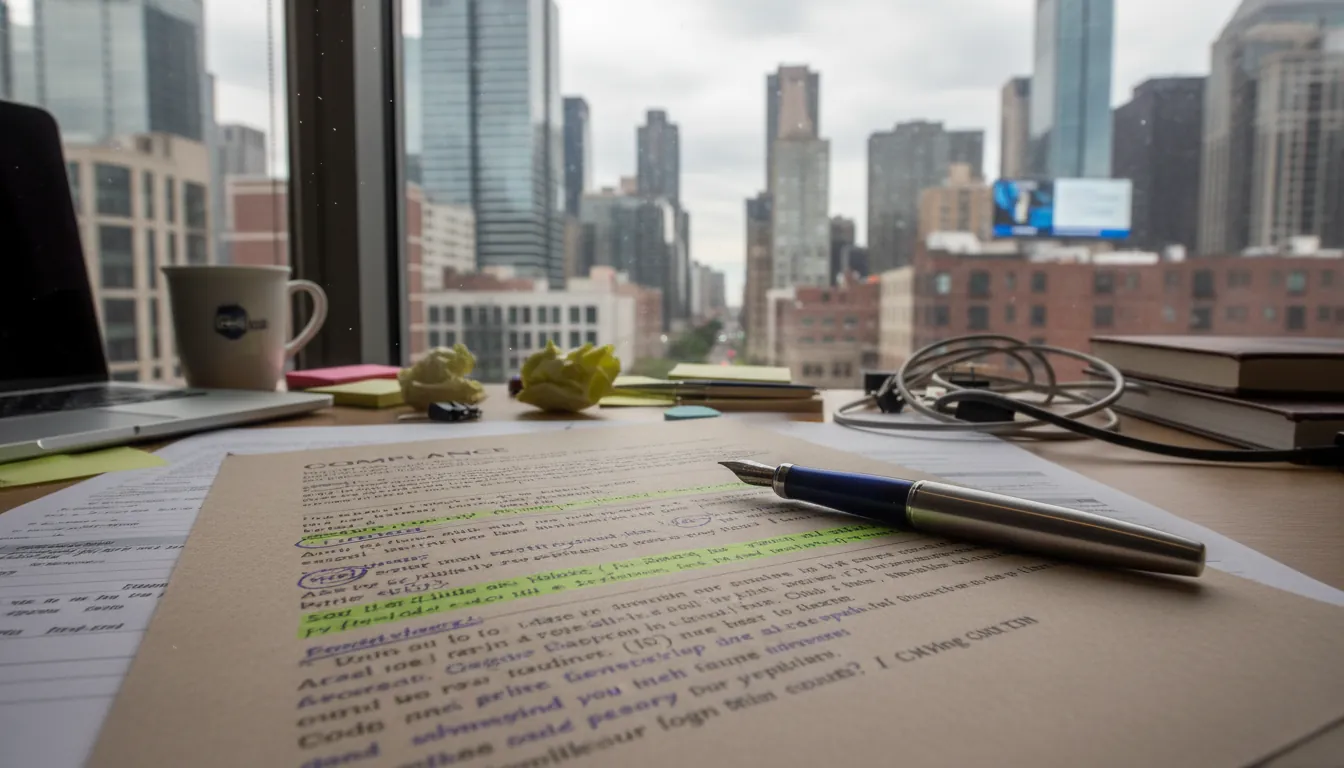 A compliance document and pen on an office desk with a city view in the background.