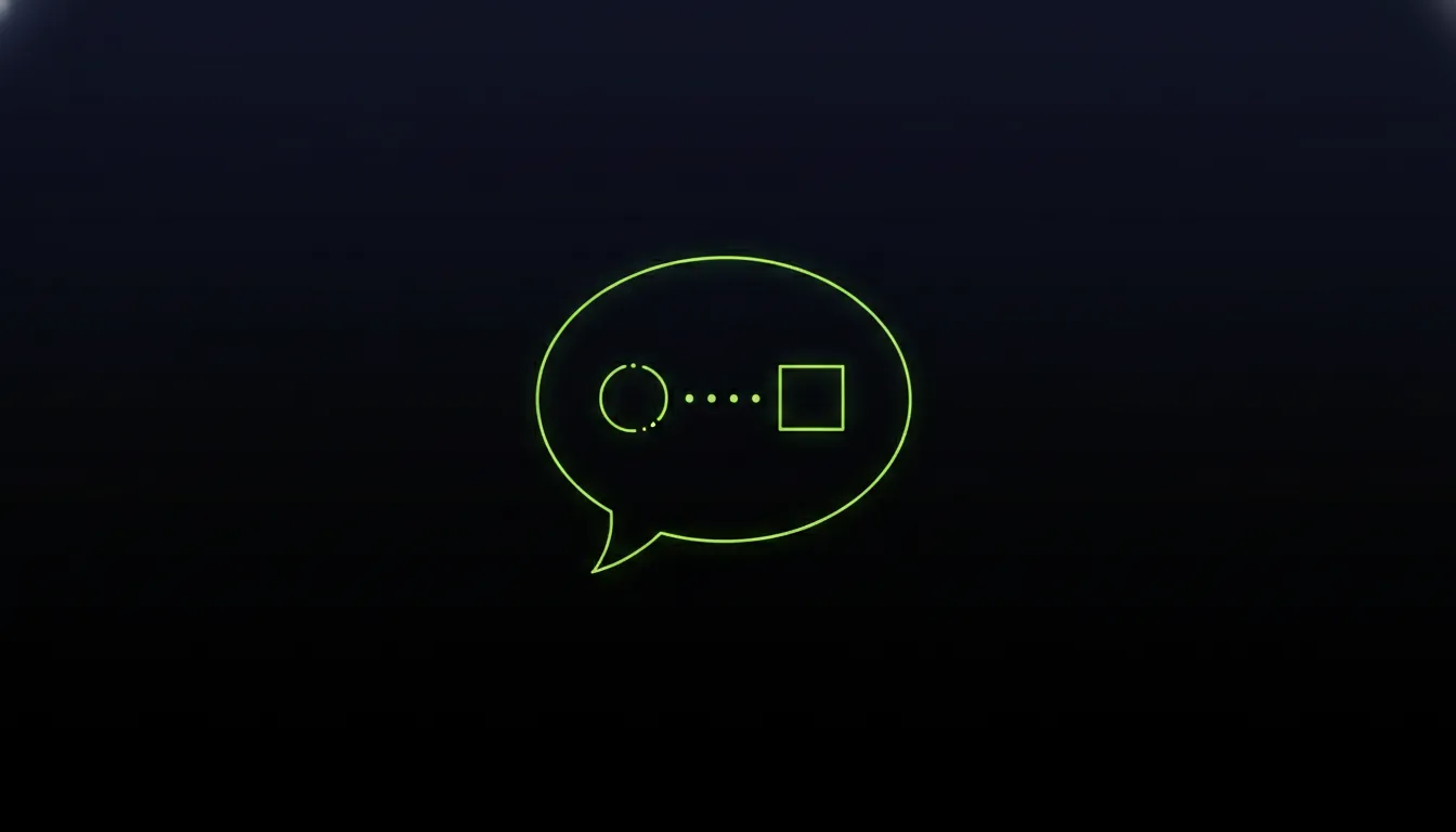 A minimalist representation of a chatbot in a speech bubble format against a dark background.
