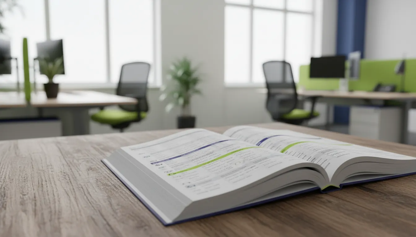 A printed healthcare provider directory on a wooden desk in a modern office.