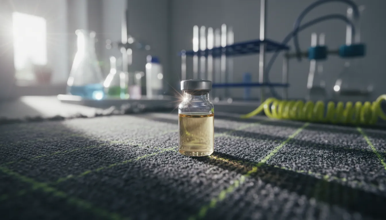 A vial of a drug compound on a lab countertop