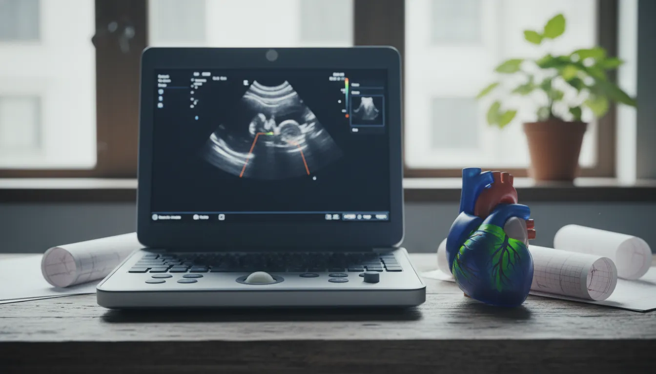Echocardiogram machine with heart model in a clinical setting