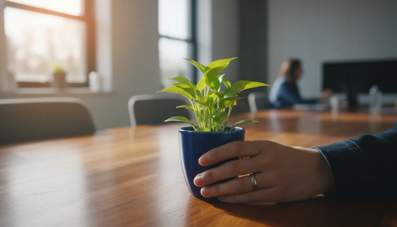A hand holding a small potted plant on a conference table in a modern office setting, symbolizing growth and investment.