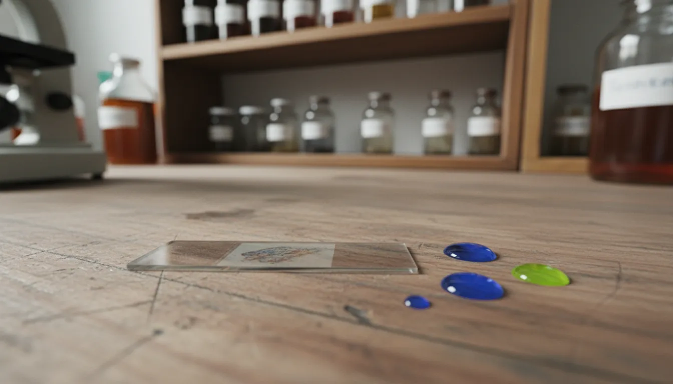 A skin sample on a glass slide in a clinical lab setting.