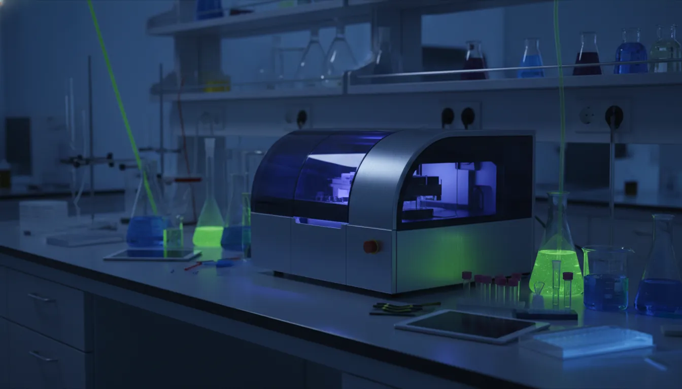 A molecular diagnostics instrument in a dimly lit lab setting, surrounded by glassware and research tools.