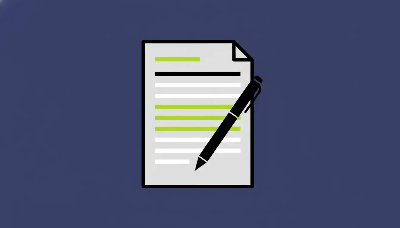 A flat silhouette of a regulatory document and a pen on a solid background.