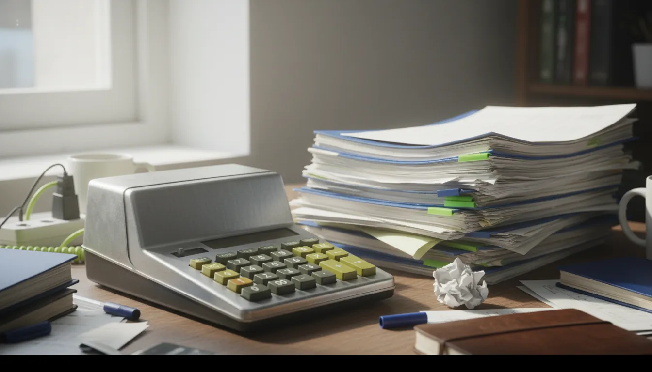 A stack of financial reports and a calculator on an office desk