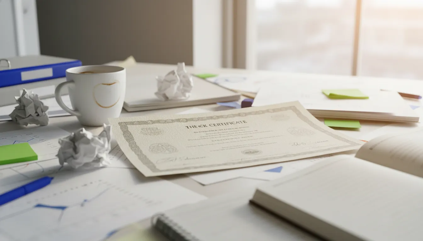 A stock certificate on an office desk with scattered papers