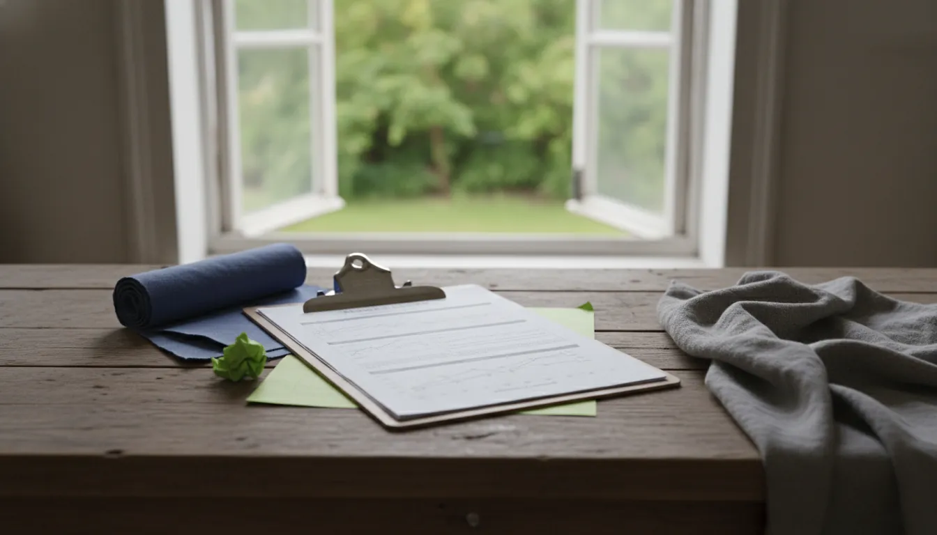 A clipboard with regulatory documents on a wooden desk in a clinical office