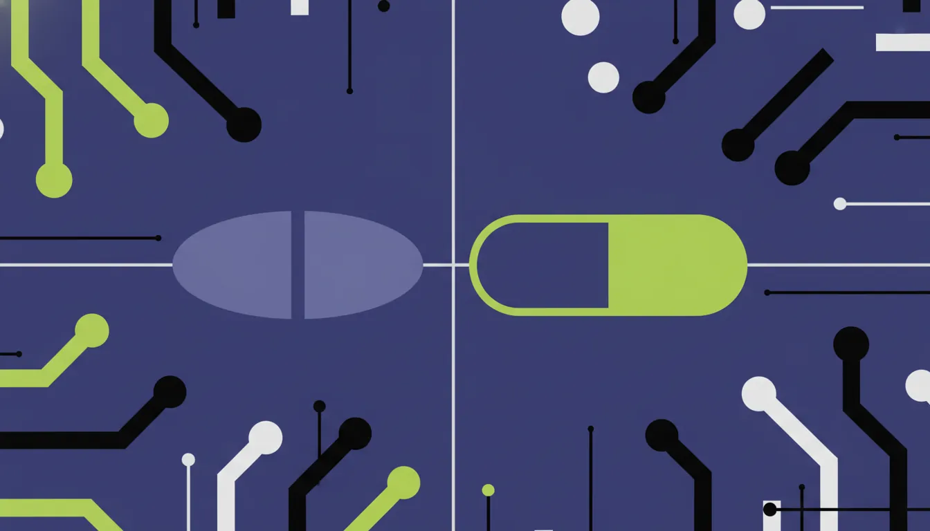 A minimalist illustration of a pill and capsule on a solid background.