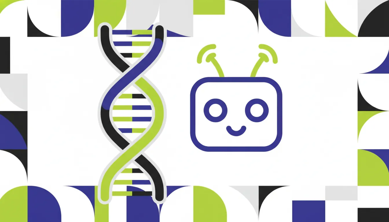 Flat illustration of a DNA strand and AI assistant icon