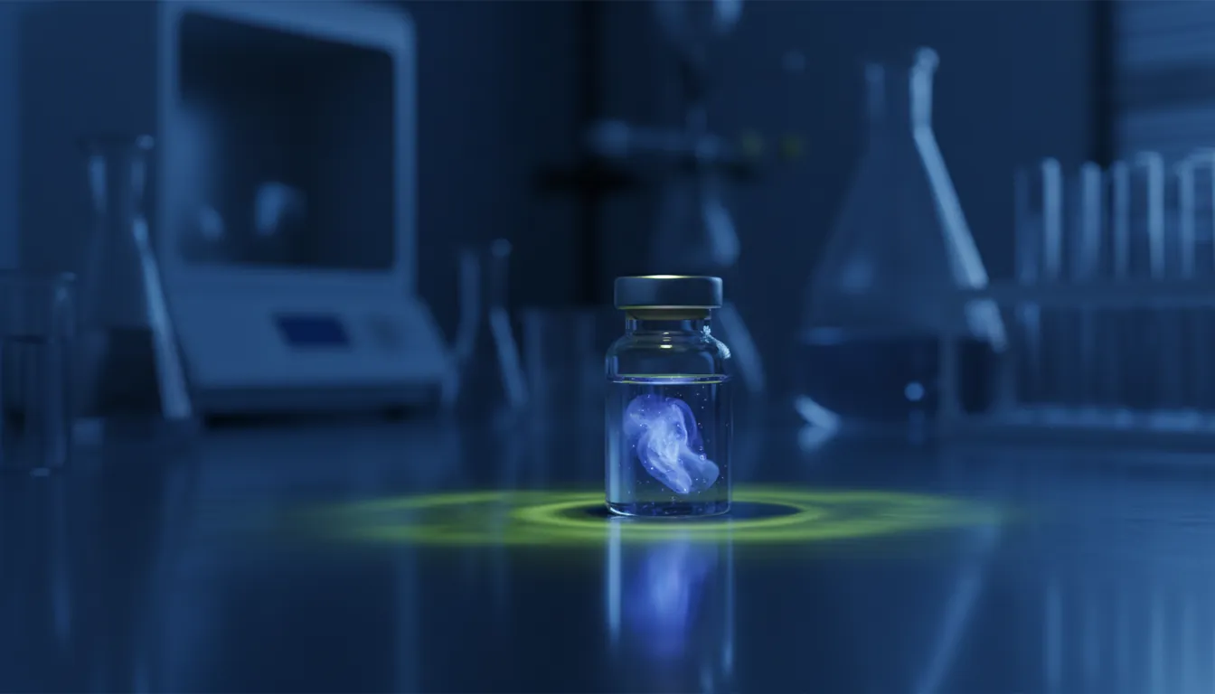 A glass vial of a pharmaceutical compound on a lab bench in a dimly lit laboratory.