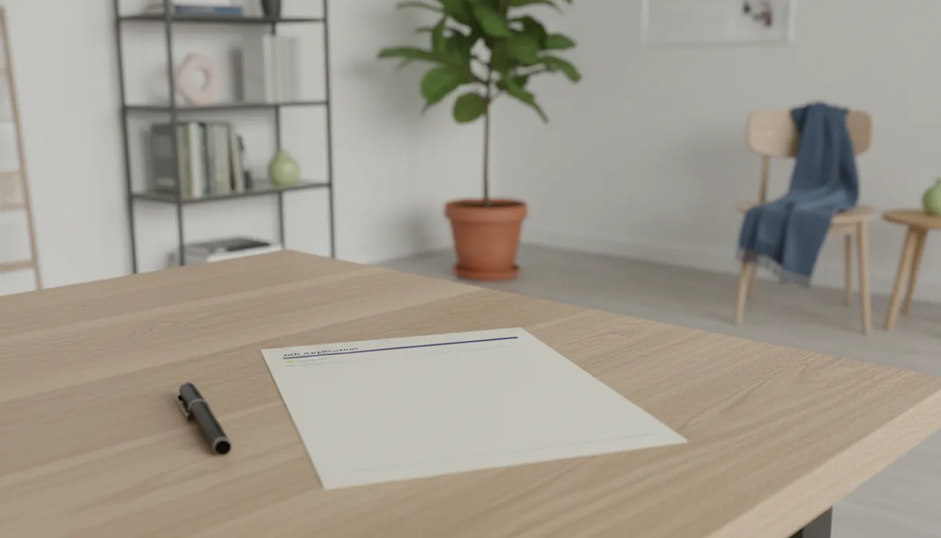 A job application form on an office desk in a modern workspace.
