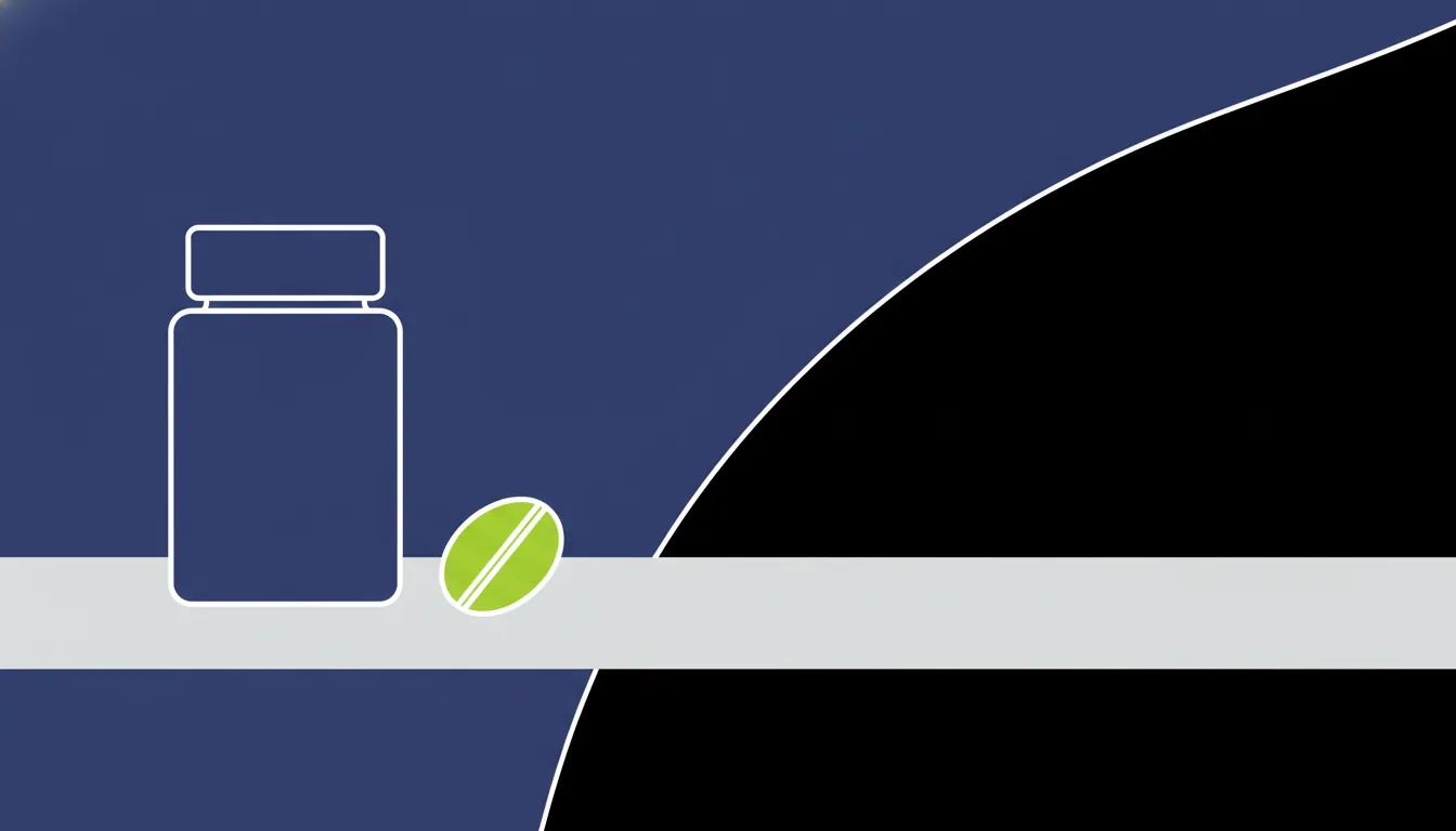 A minimalist illustration of a pill bottle and a pill on a solid background.