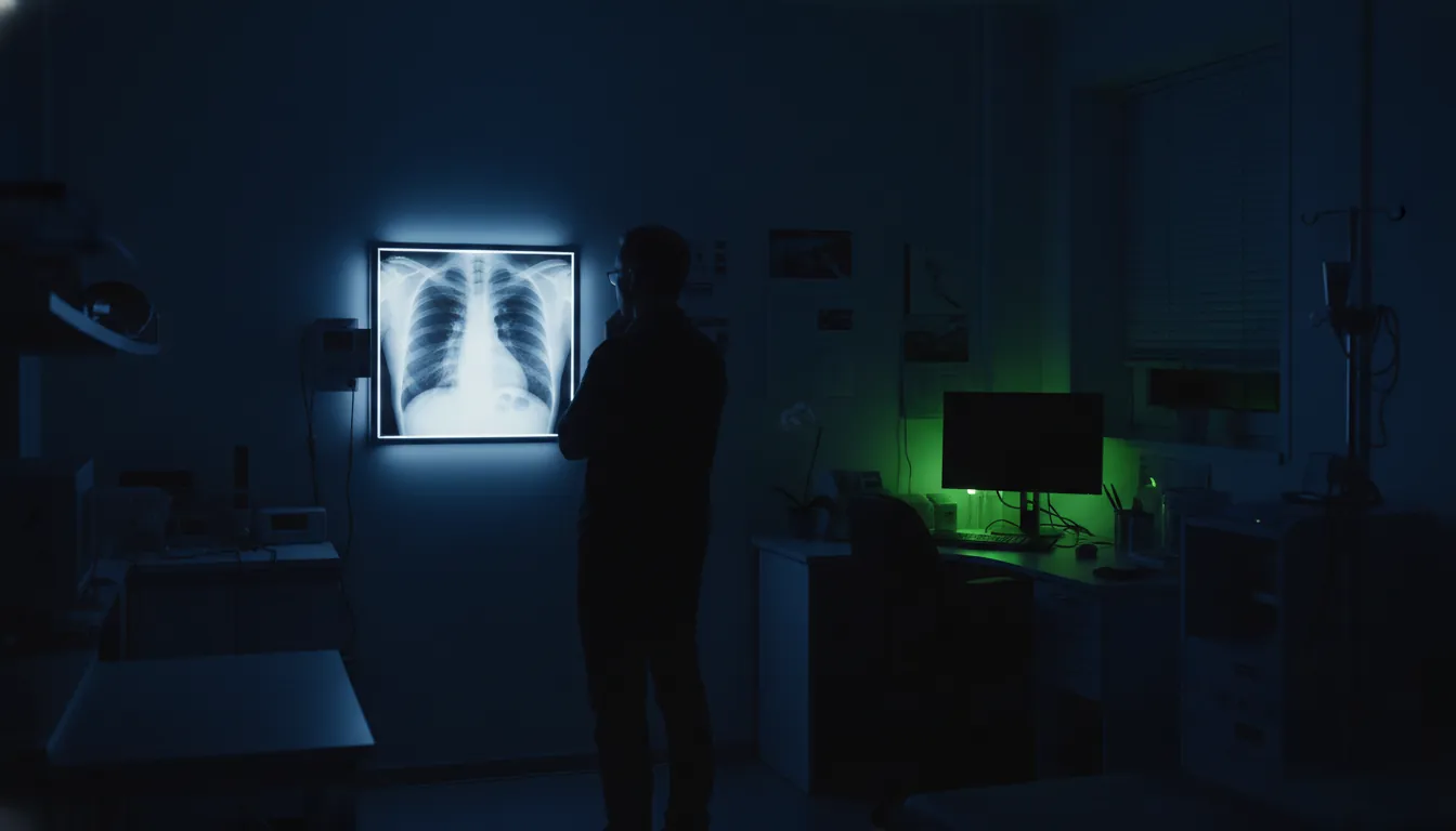 X-ray film on a lightbox in a dimly lit radiology room