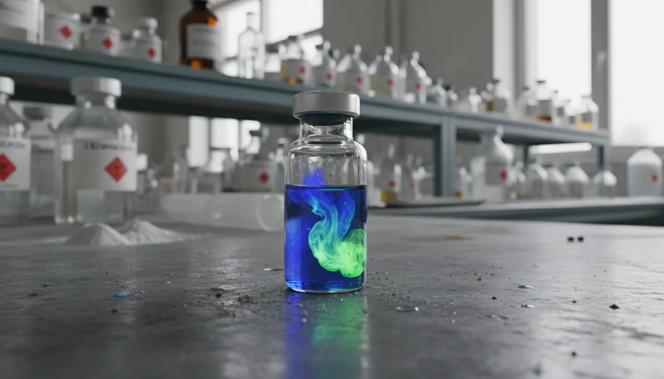 A drug compound in a glass vial on a lab bench with shelves of reagents in the background.