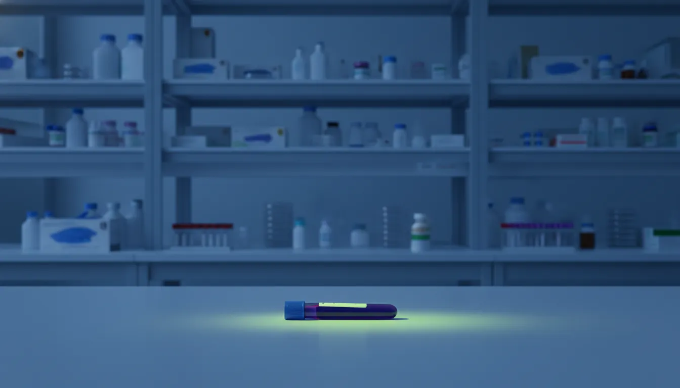 A blood sample in a test tube on a lab counter during blue hour.