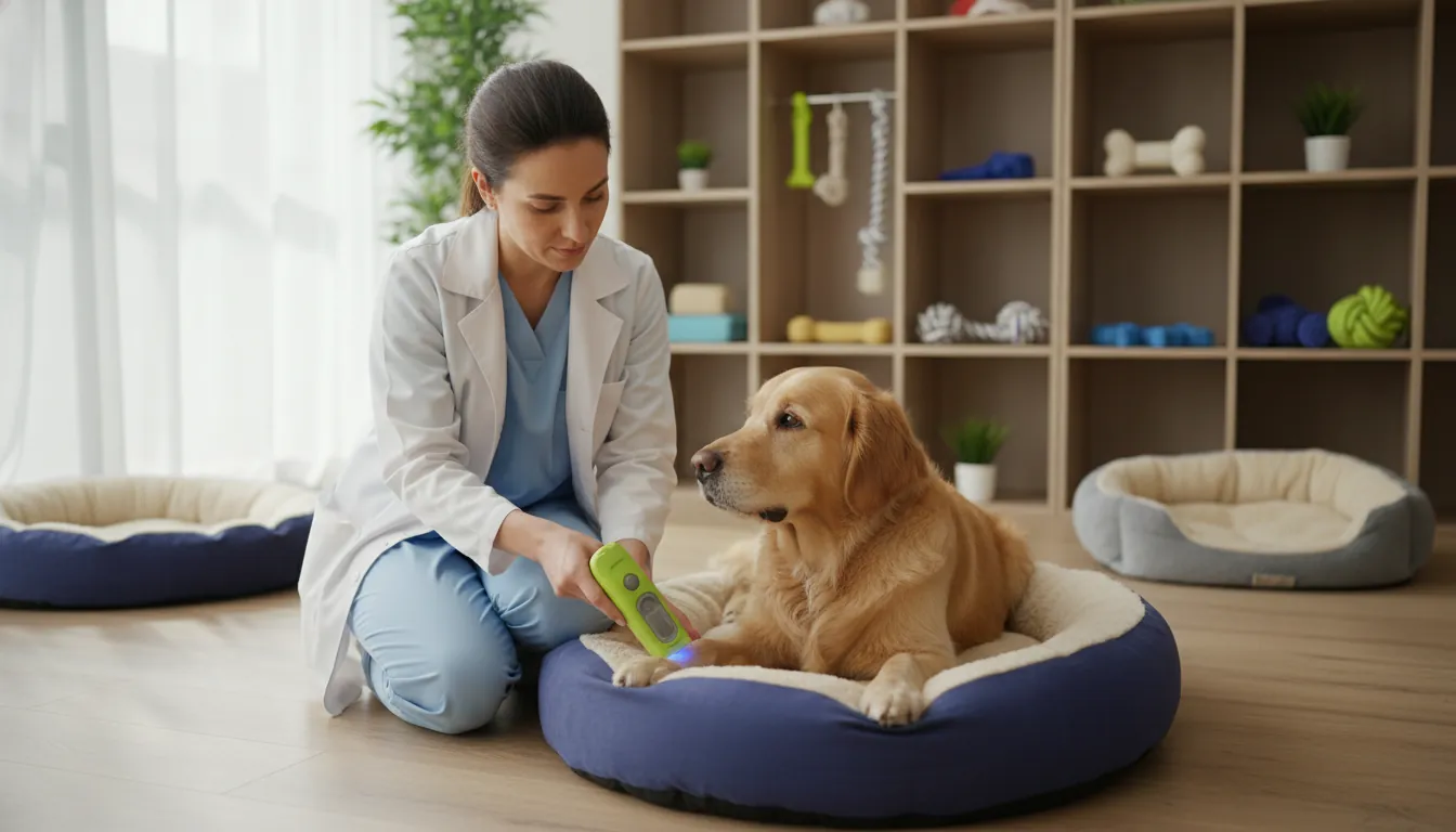 Veterinarian examining a dog with a diagnostic tool in a pet boarding facility