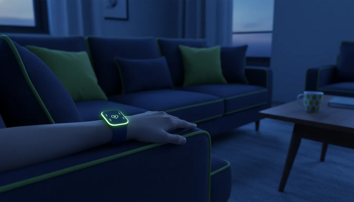 A smart wearable ECG monitor on a wrist in a softly lit living room.