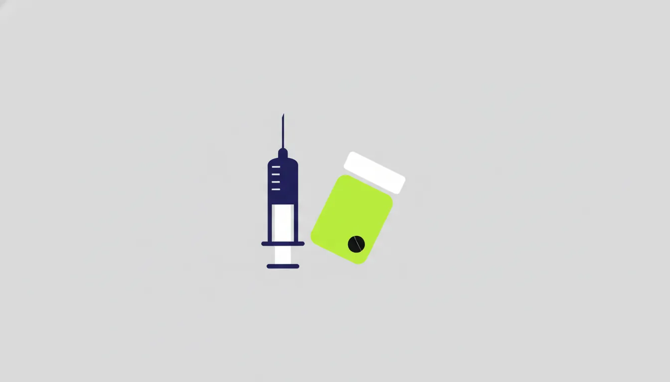 A flat illustration of a syringe and pill bottle representing medication management.