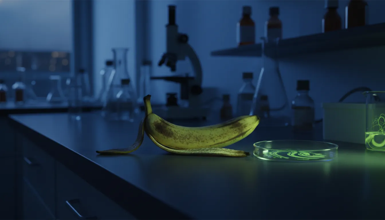 A banana peel on a lab countertop next to a petri dish in a dimly lit lab.