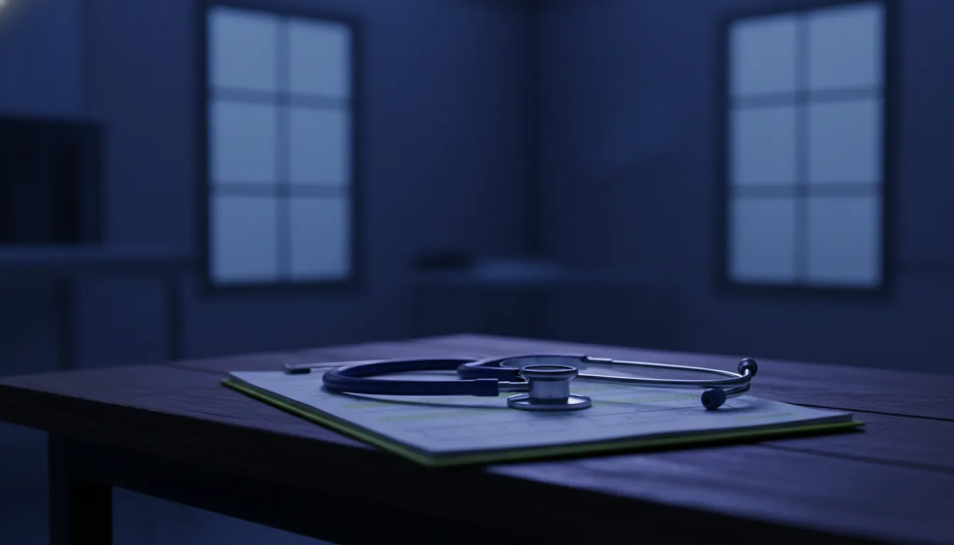 A stethoscope on a medical chart in a dimly lit examination room