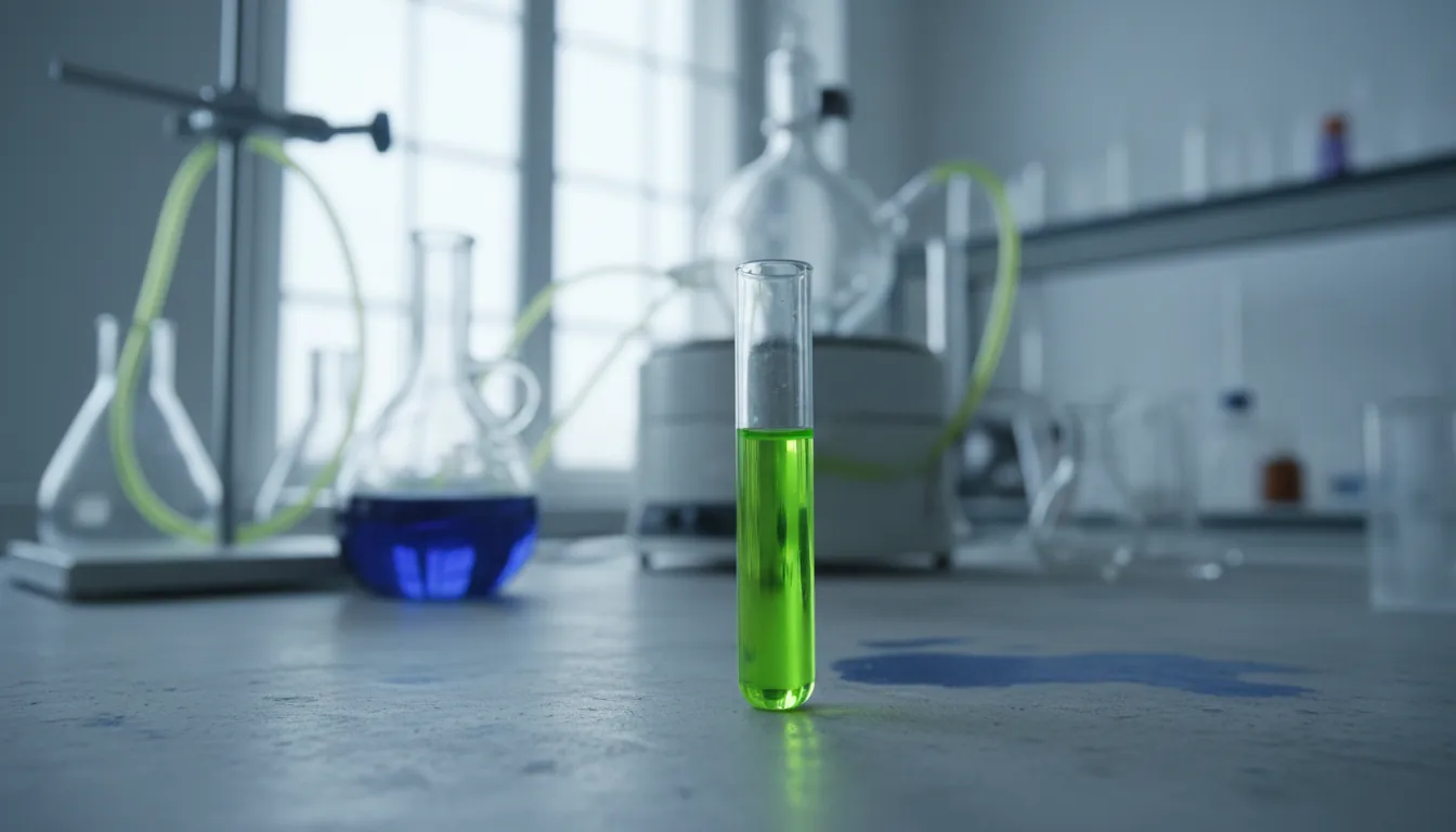 A test tube with a colorful liquid sample on a lab bench