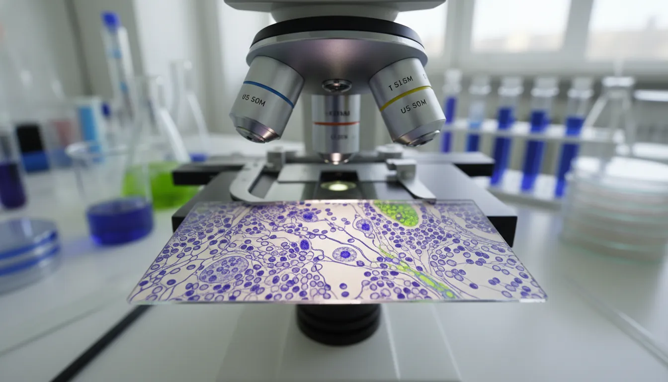 A tissue sample on a microscope slide in a lab setting