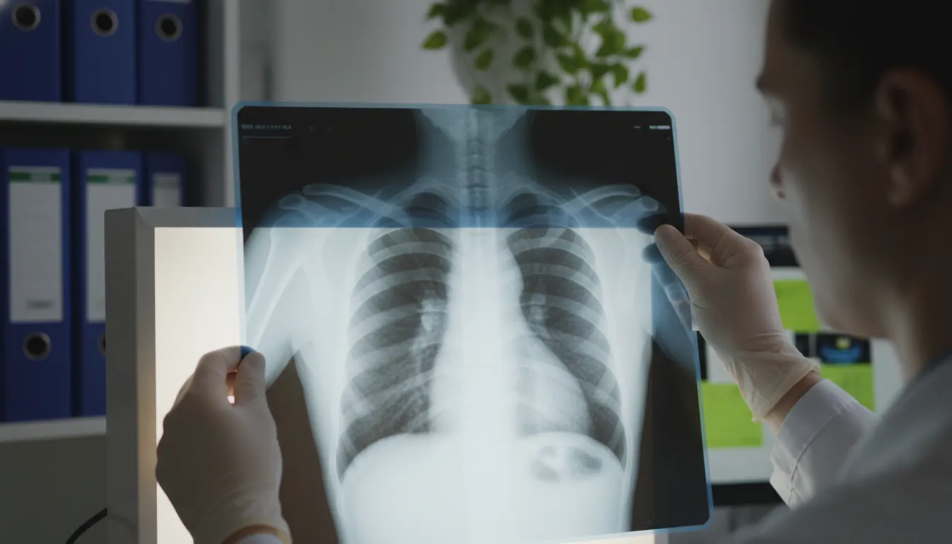 Radiologist examining X-ray film in a dimly lit room