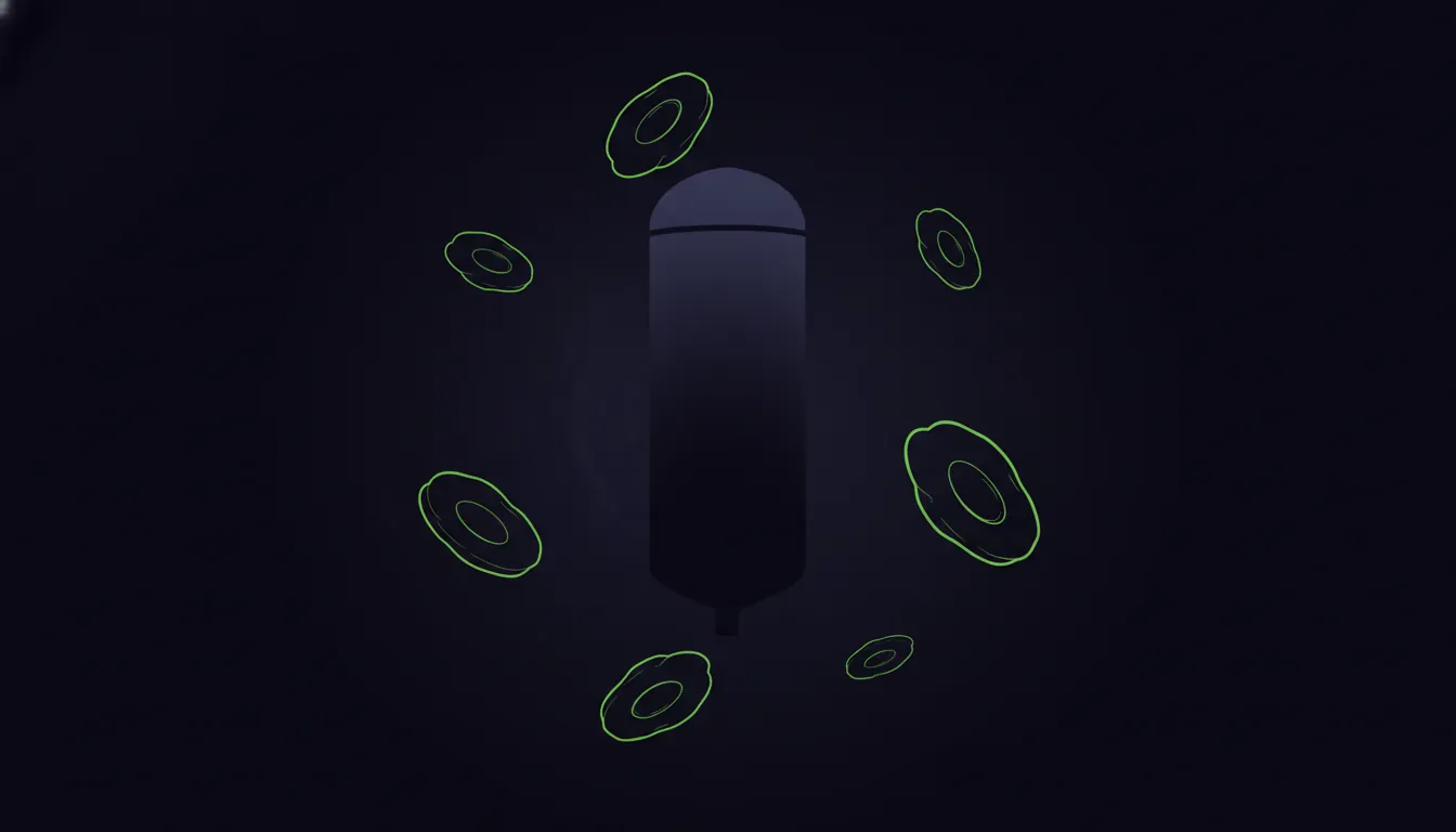 A minimalist illustration of a bioreactor and monoclonal antibodies in a dark palette.