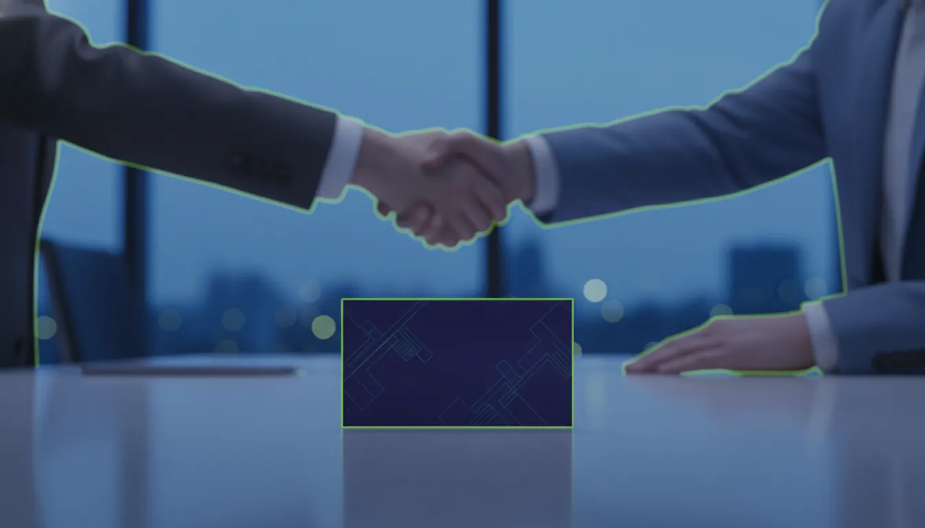 A business card on a conference table with a handshake in the background.