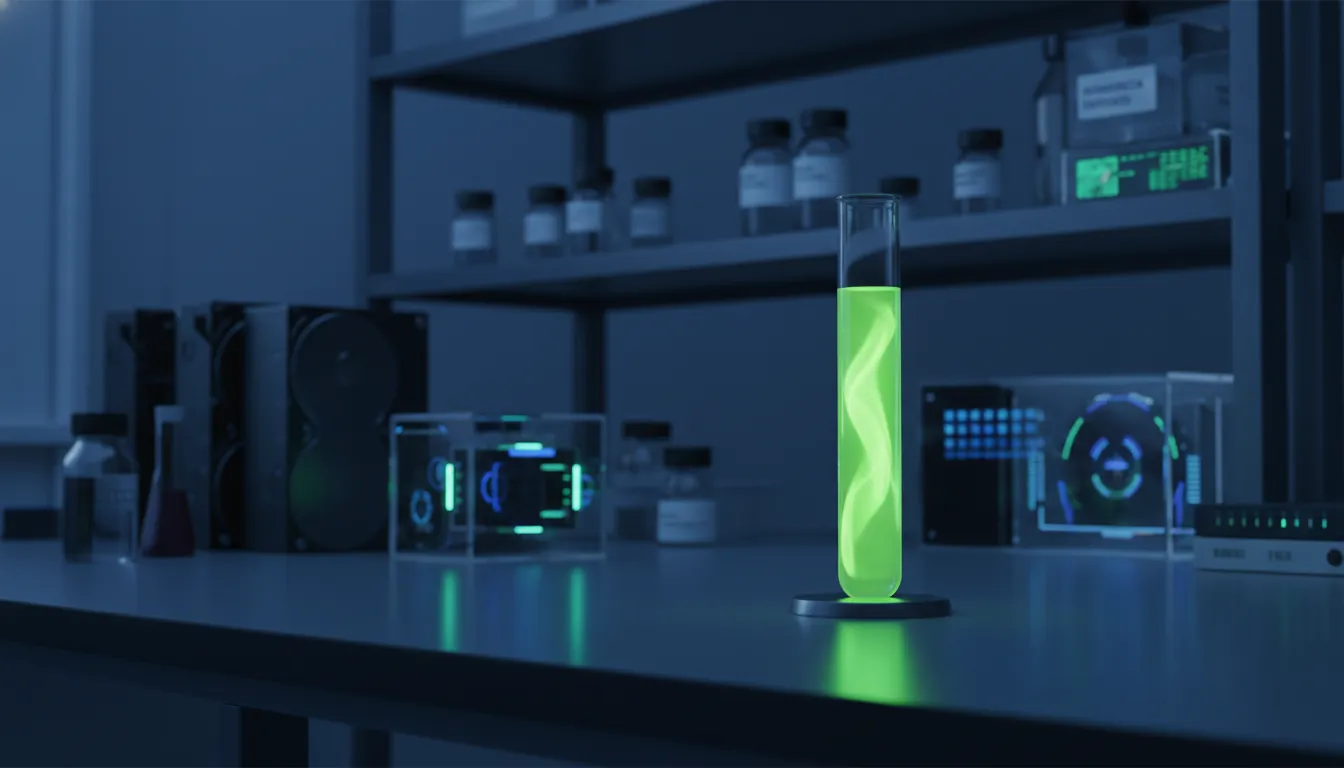 A test tube in a dimly lit lab, symbolizing biopharma research.