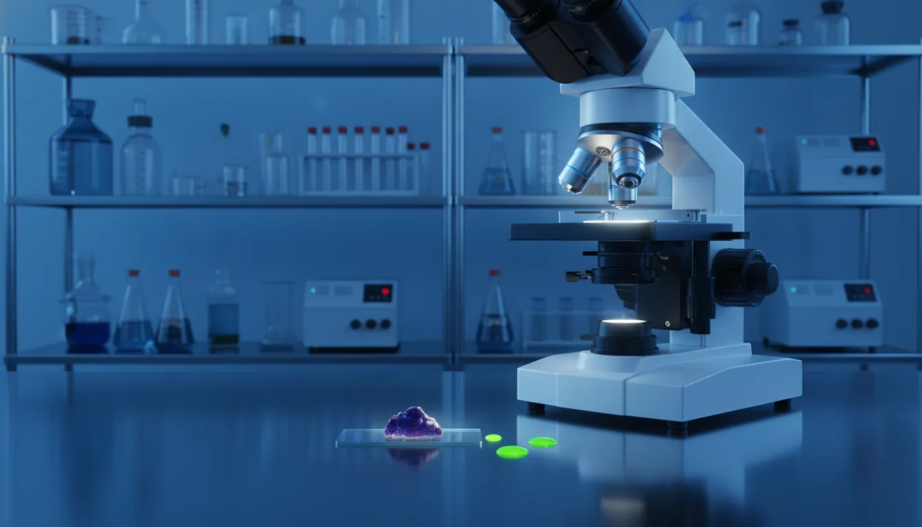 A biopsy sample on a lab bench with a microscope in a dimly lit clinical laboratory.