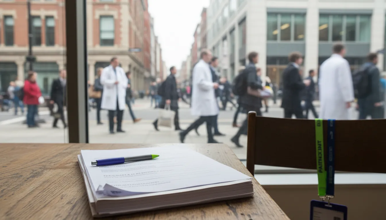 A clinical trial site with a patient consent form on a table and researchers in the background.