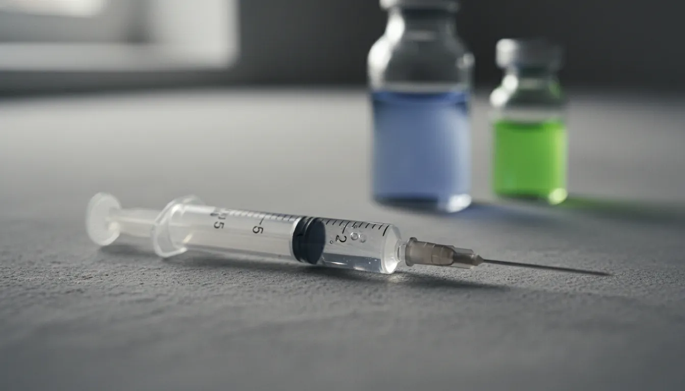A syringe and vial in a clinical lab setting