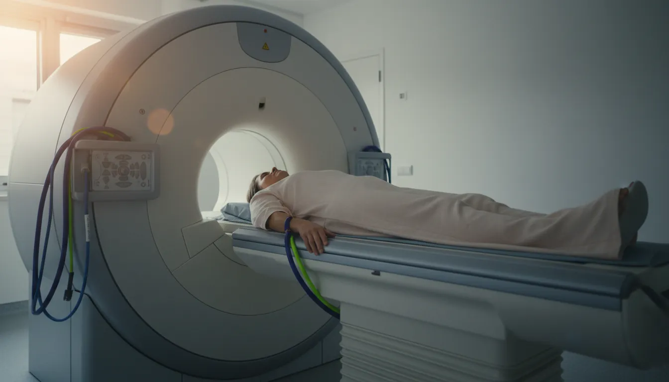 A patient on an MRI machine in a clinical setting