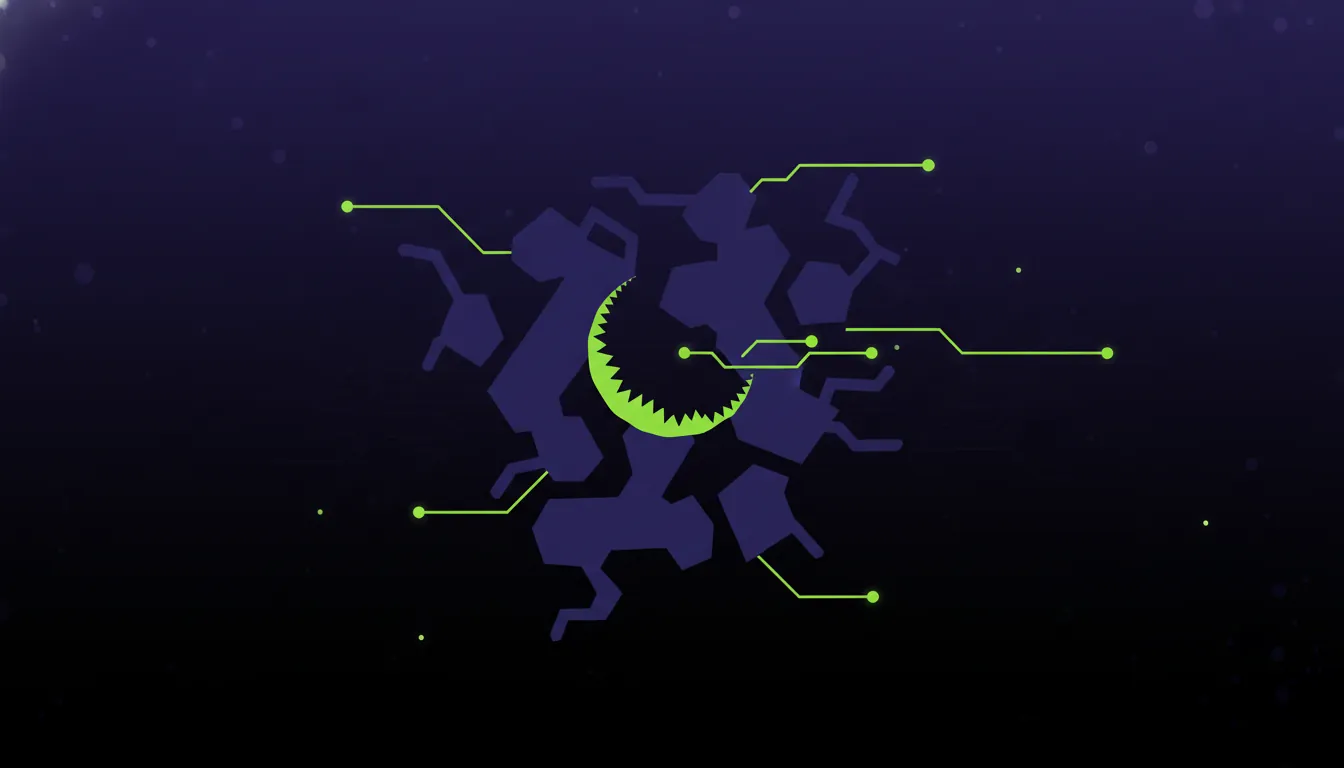 Minimalist illustration of a protein molecule in dark colors with lime accents.
