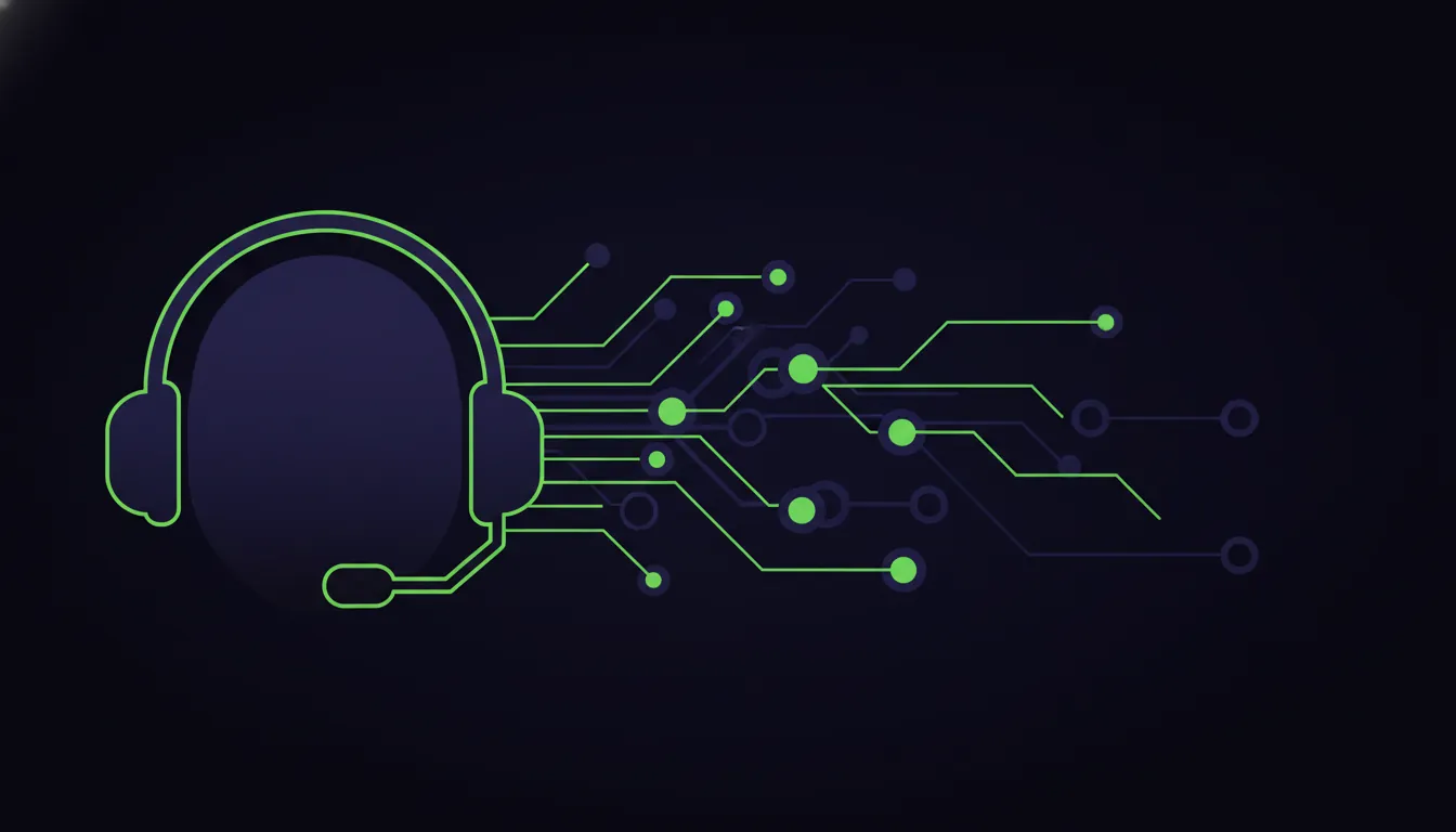 A minimalist illustration of a call center headset and data nodes in a dark color scheme.